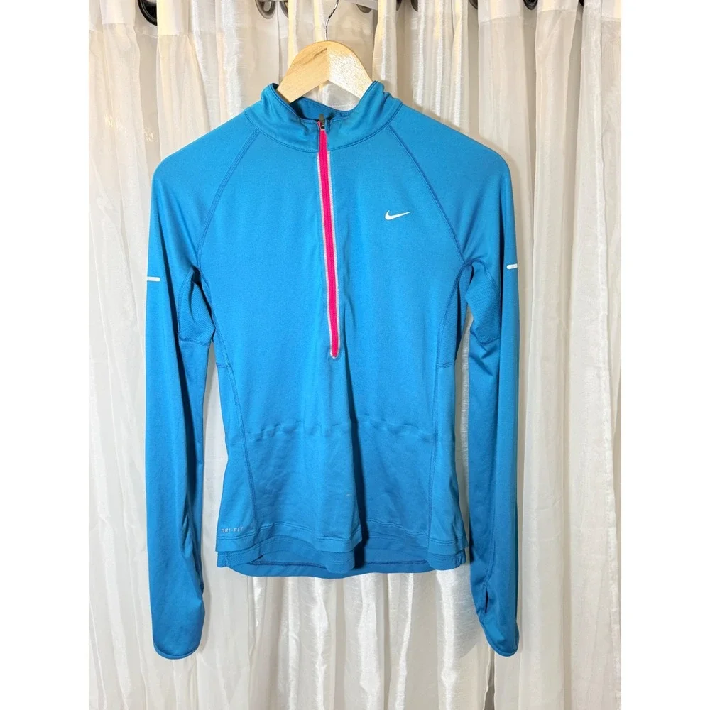 Nike Dri-FIT Quarter Zip Pullover Women Small Blue Pink Reflective Running Top